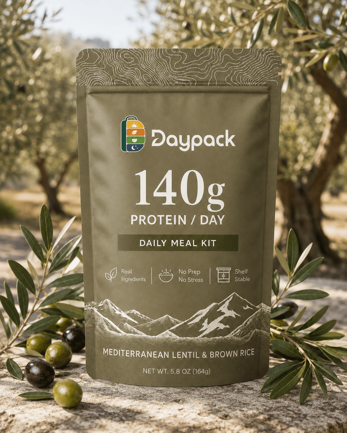 Daypack 140g daily meal kit pouch in olive green among an olive grove with fresh olives.