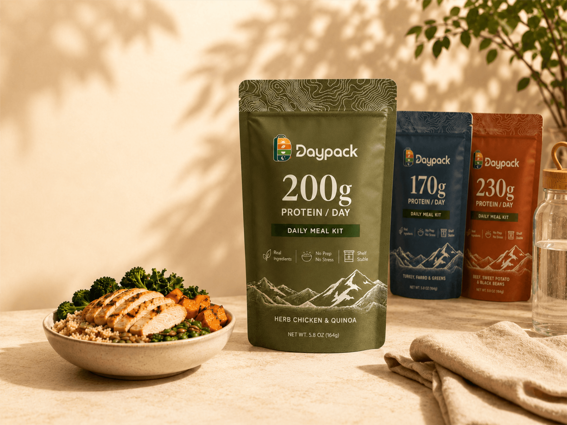 Daypack 200g daily meal kit pouch with a bowl of chicken, grains, and vegetables. 170g and 230g pouches and a water bottle in the background.